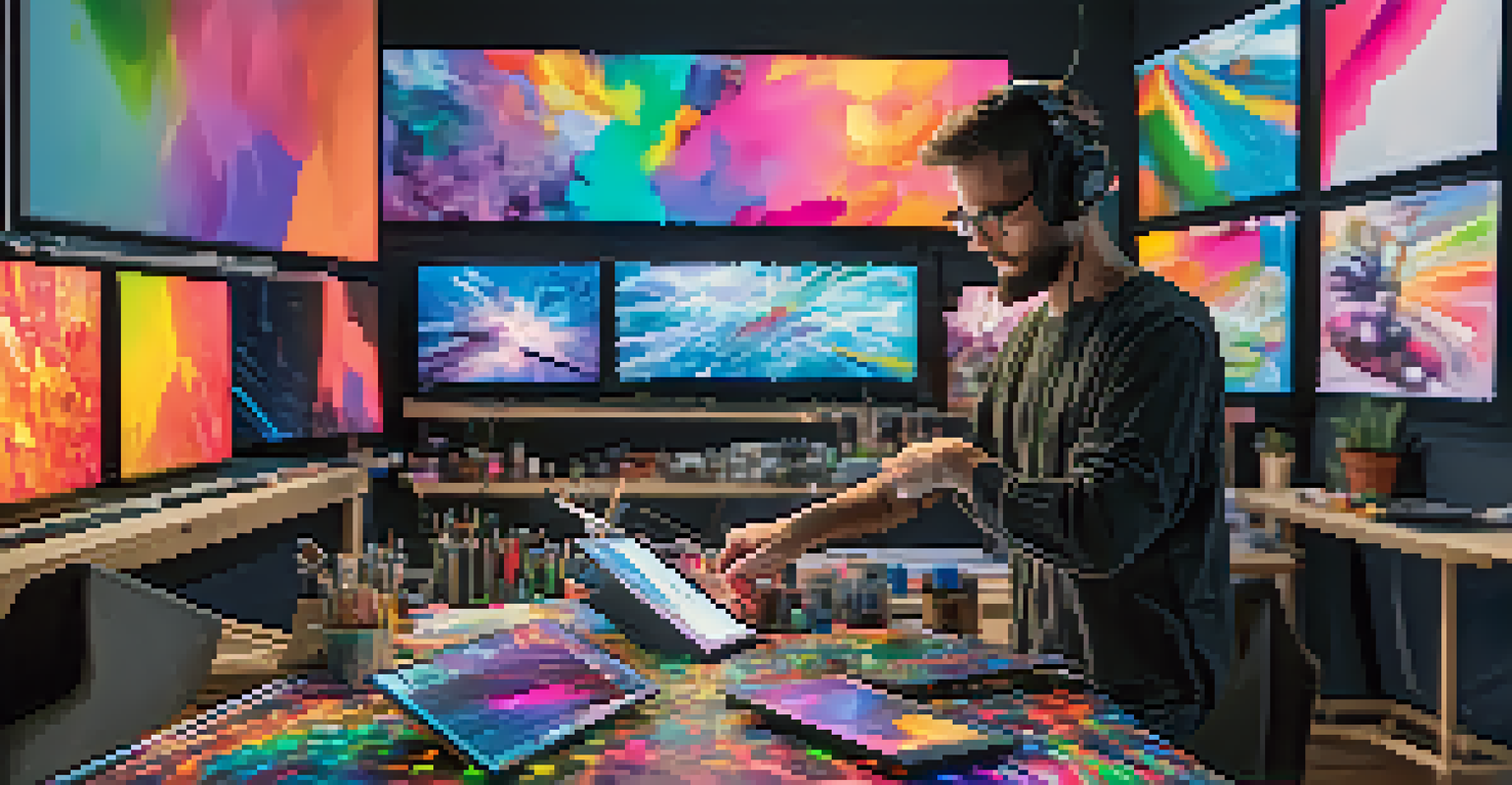 An artist in a modern studio creating an animated NFT artwork, surrounded by digital screens and creative technology, showcasing a blend of traditional and digital art.