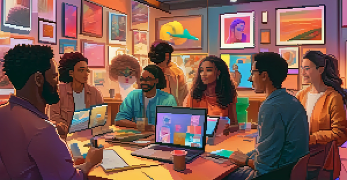 A group of diverse artists discussing their digital art during an online meeting, surrounded by colorful NFT artworks on their screens.