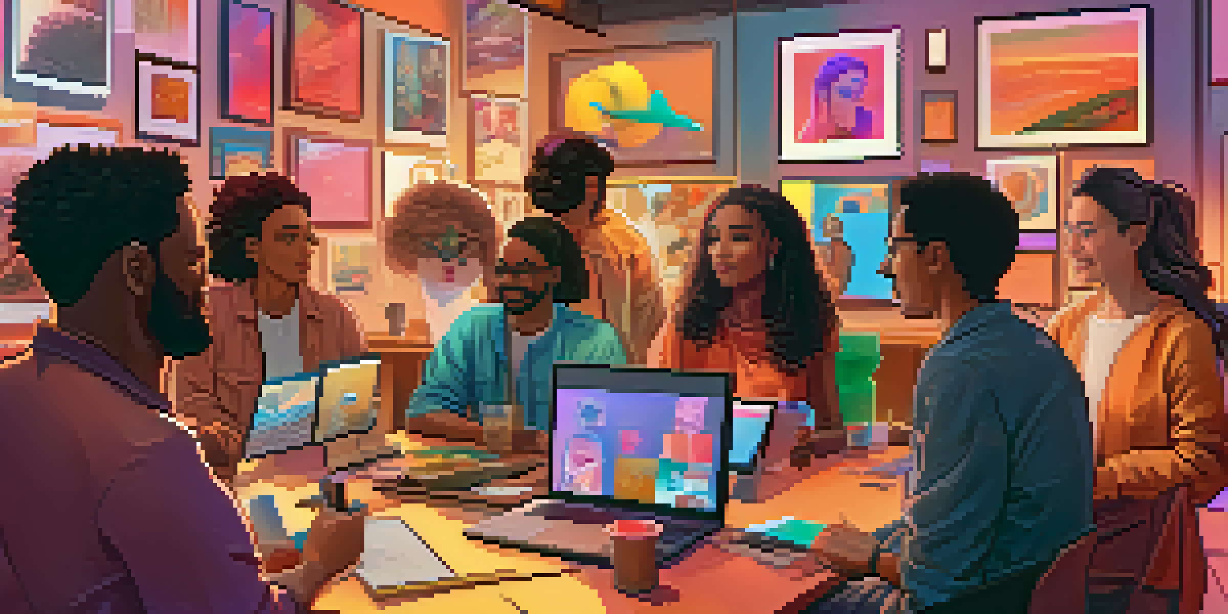 A group of diverse artists discussing their digital art during an online meeting, surrounded by colorful NFT artworks on their screens.