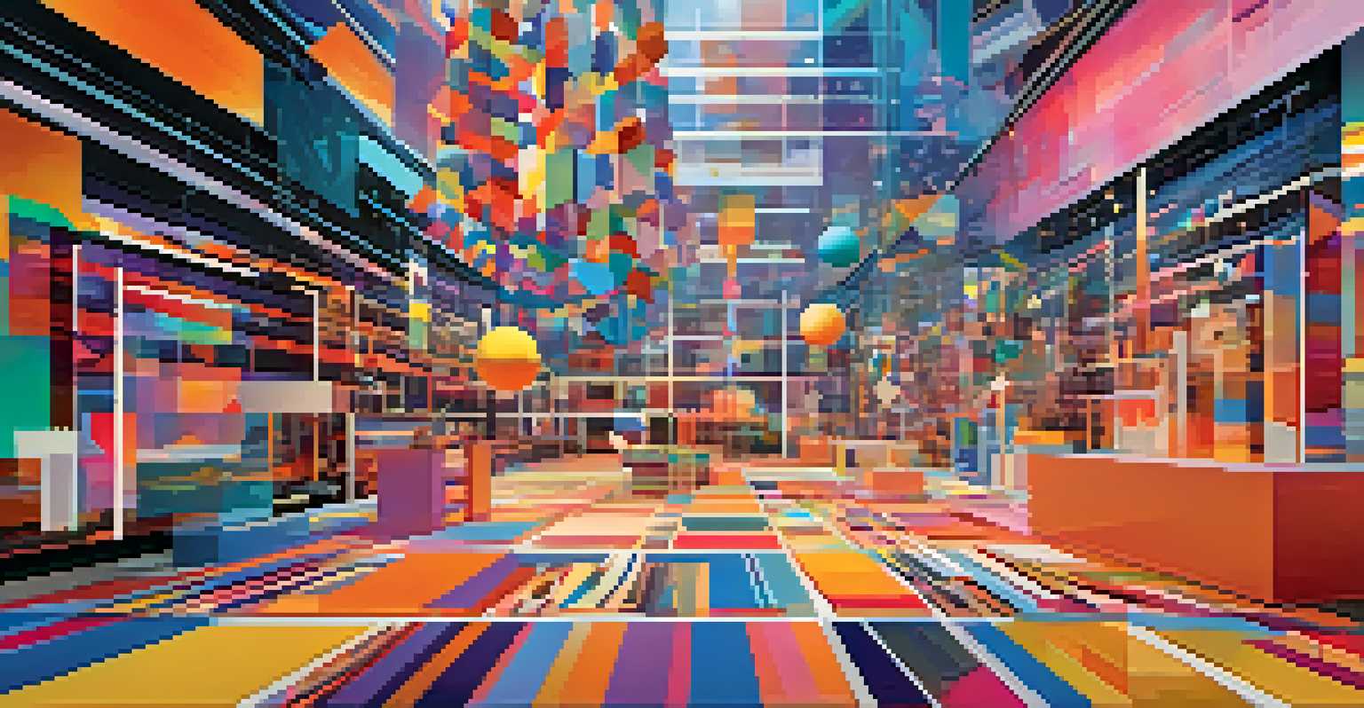 An abstract representation of the NFT marketplace with colorful digital art pieces and blockchain motifs.