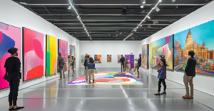 A lively virtual reality gallery filled with colorful digital art and users wearing VR headsets.