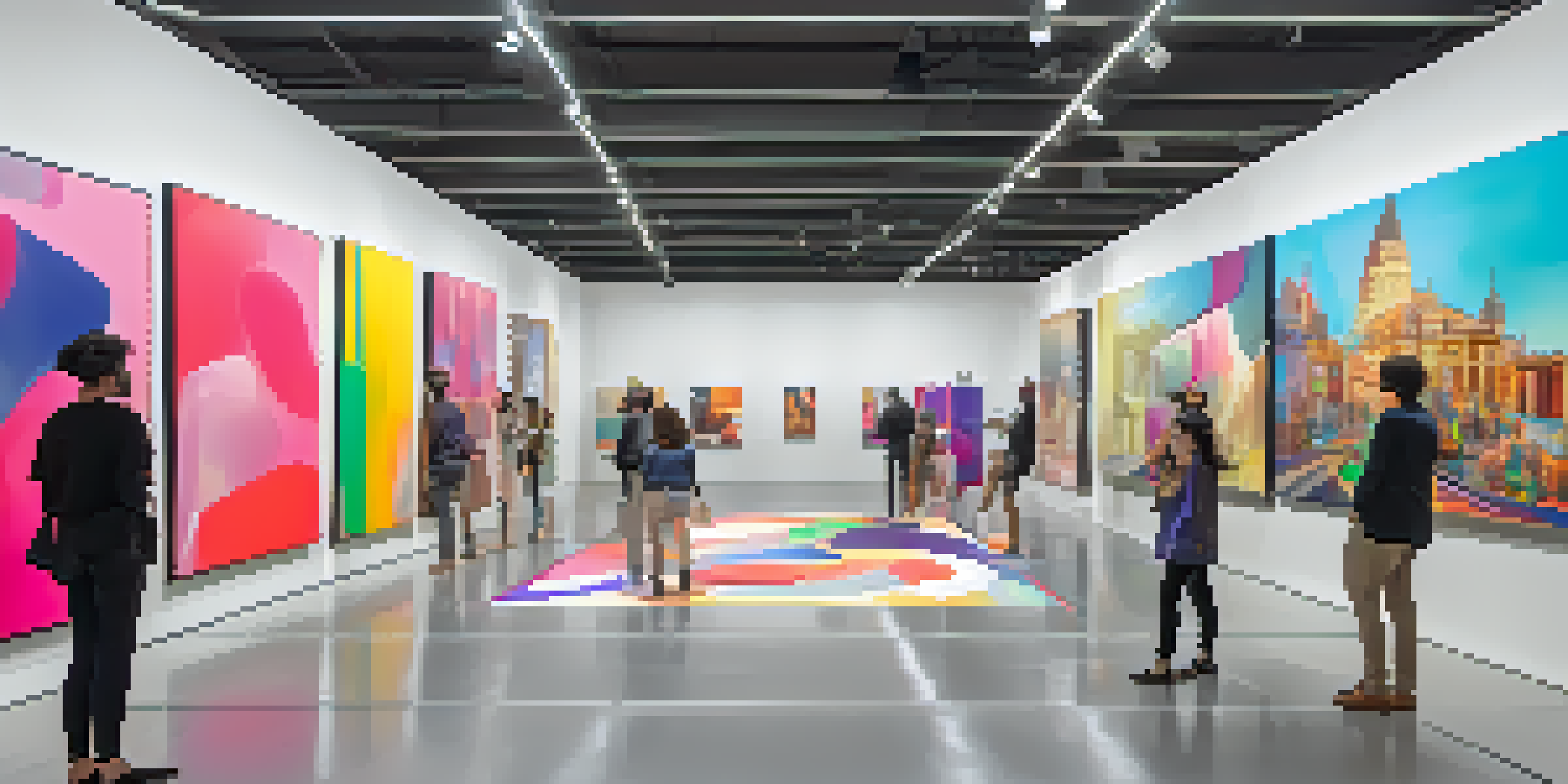 A lively virtual reality gallery filled with colorful digital art and users wearing VR headsets.