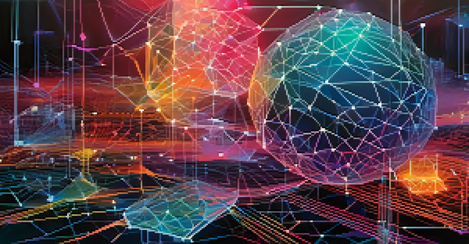 An abstract digital artwork depicting interconnected blockchain nodes in a colorful landscape.