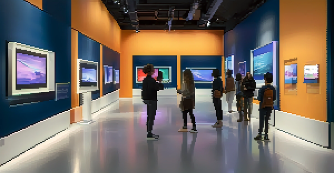 A digital art gallery with colorful NFTs displayed on modern screens, softly lit in a navy blue room with visitors interacting.