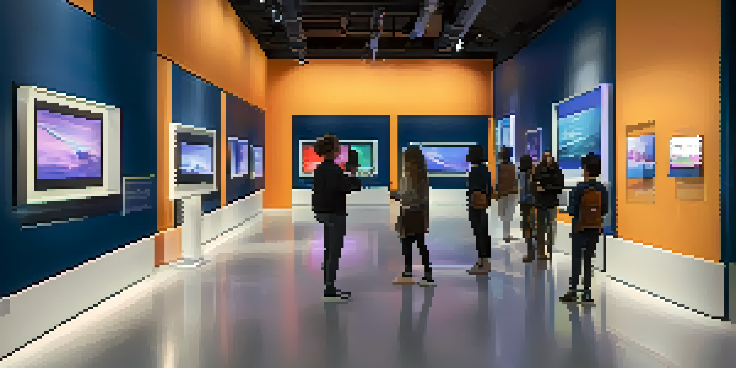 A digital art gallery with colorful NFTs displayed on modern screens, softly lit in a navy blue room with visitors interacting.