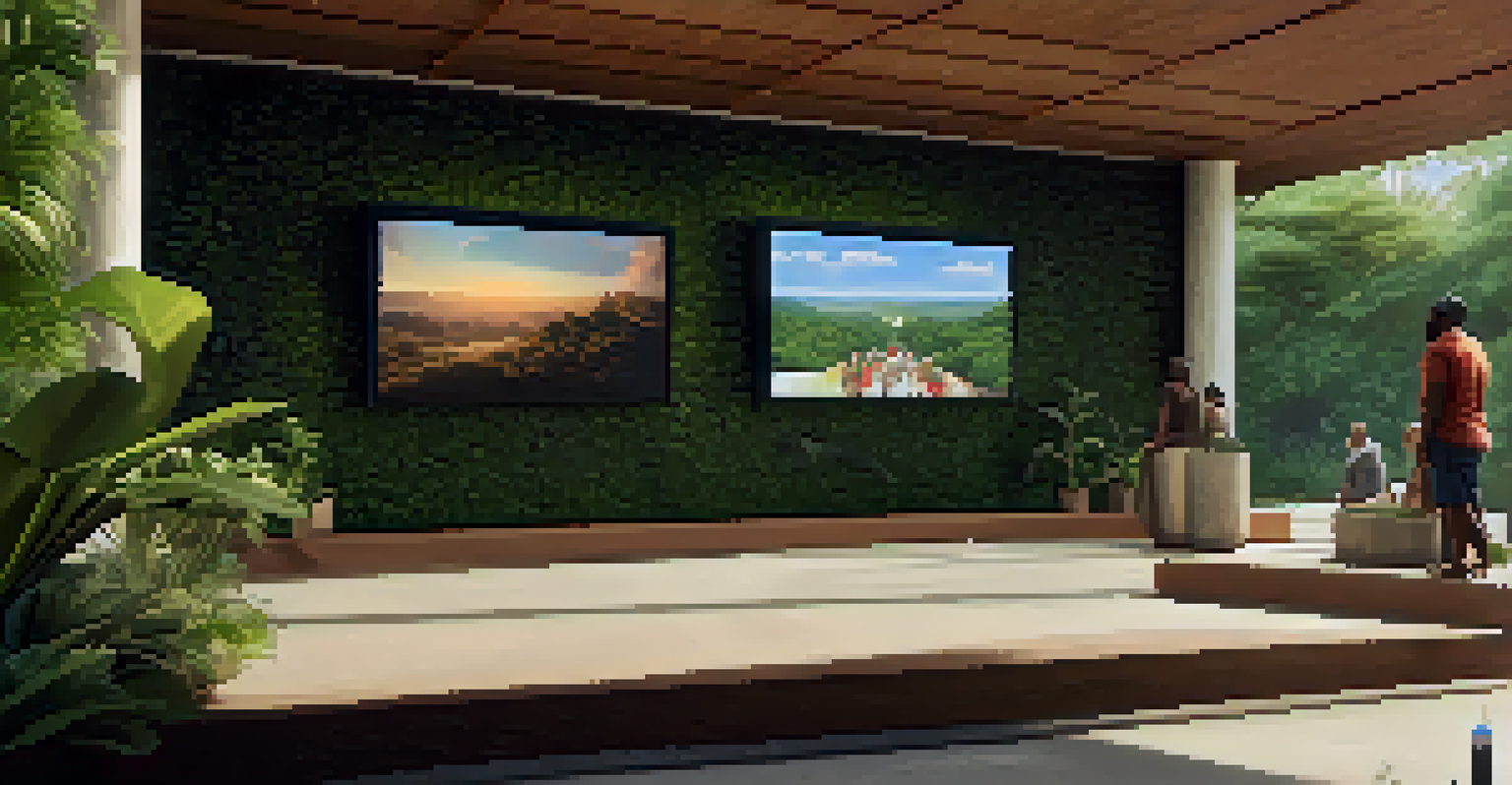 An outdoor gallery showcasing African artworks and their NFT versions, with artists interacting with visitors in a lush green setting.