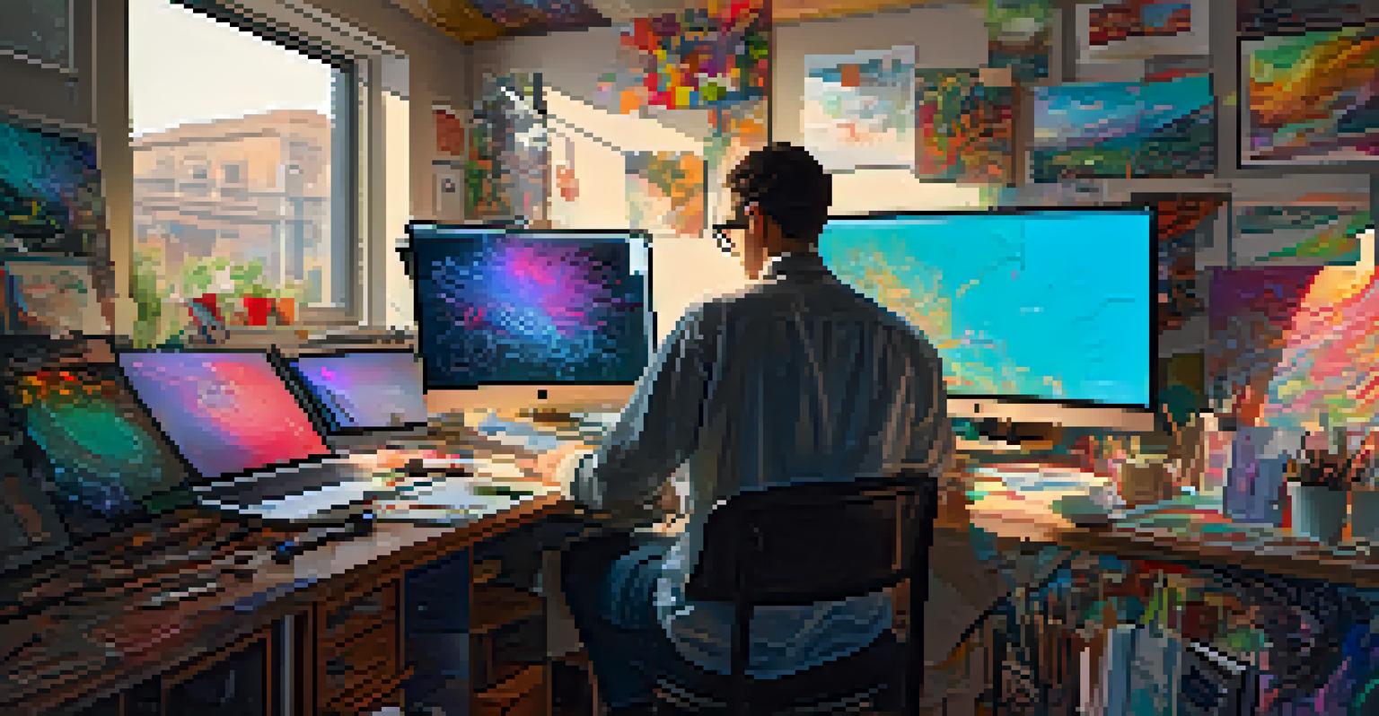 An artist at a desk working on a computer, surrounded by sketches and colorful palettes, focused on designing an NFT.