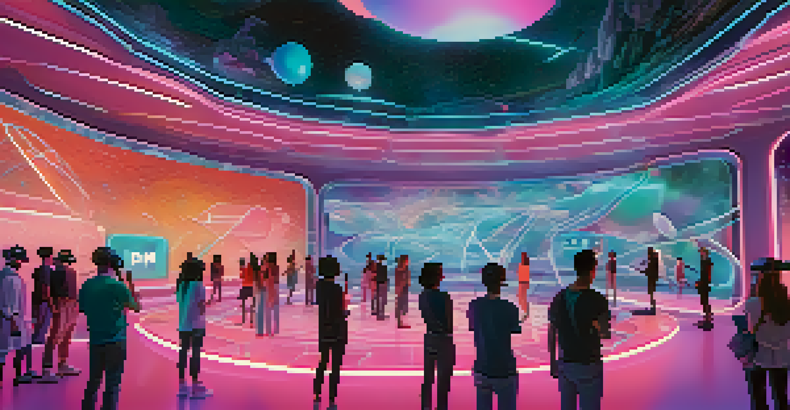 A futuristic virtual reality space where users interact with holographic NFTs and digital assets.