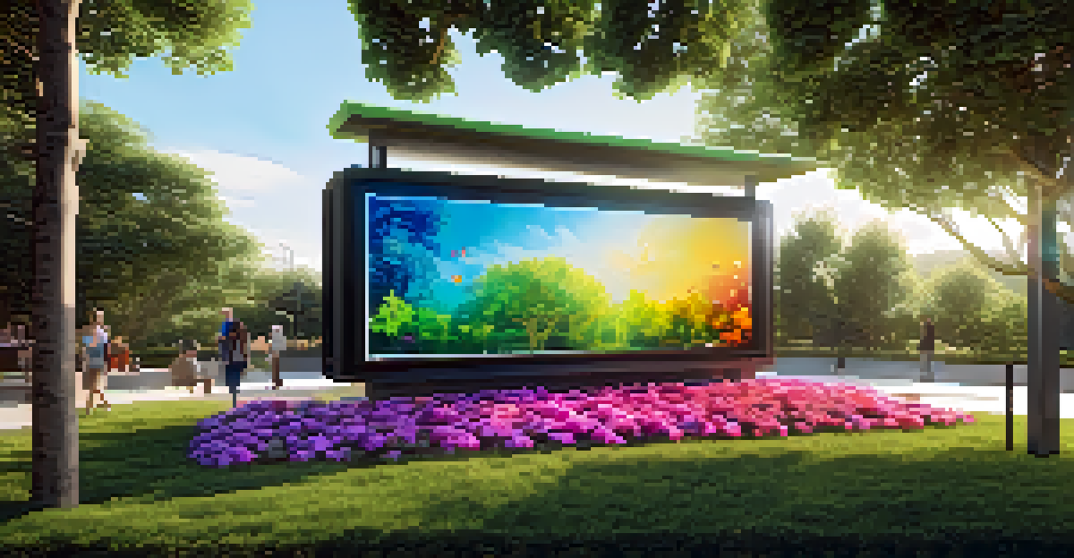 An outdoor eco-friendly art installation surrounded by greenery, featuring digital displays with environmental themes under warm sunlight.