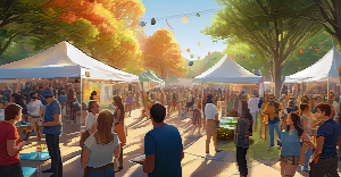 A lively outdoor community event featuring booths with NFTs, digital art, and interactive experiences, surrounded by greenery and sunlight.