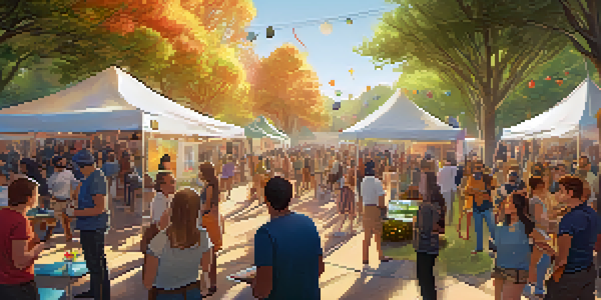 A lively outdoor community event featuring booths with NFTs, digital art, and interactive experiences, surrounded by greenery and sunlight.