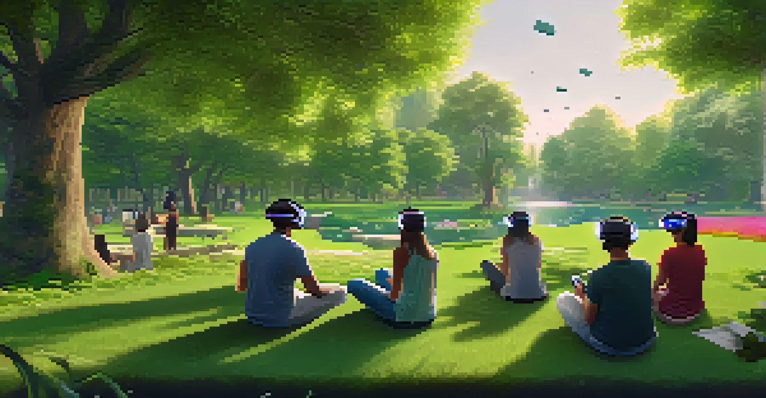 A peaceful virtual reality park with users wearing VR headsets, interacting with digital art installations.