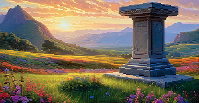 A fantasy landscape with a sword in the stone, surrounded by flowers and illuminated by a sunset.