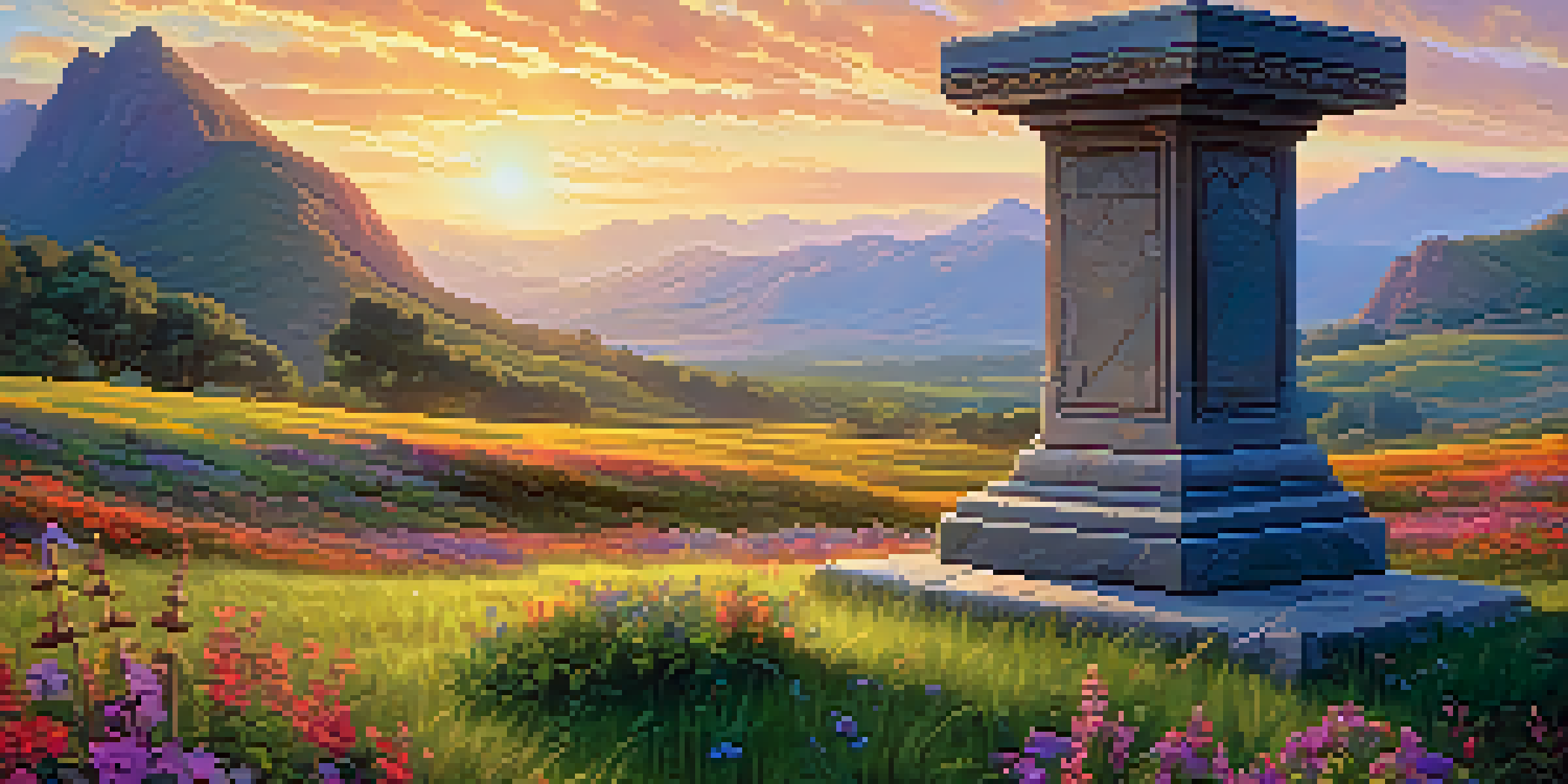 A fantasy landscape with a sword in the stone, surrounded by flowers and illuminated by a sunset.