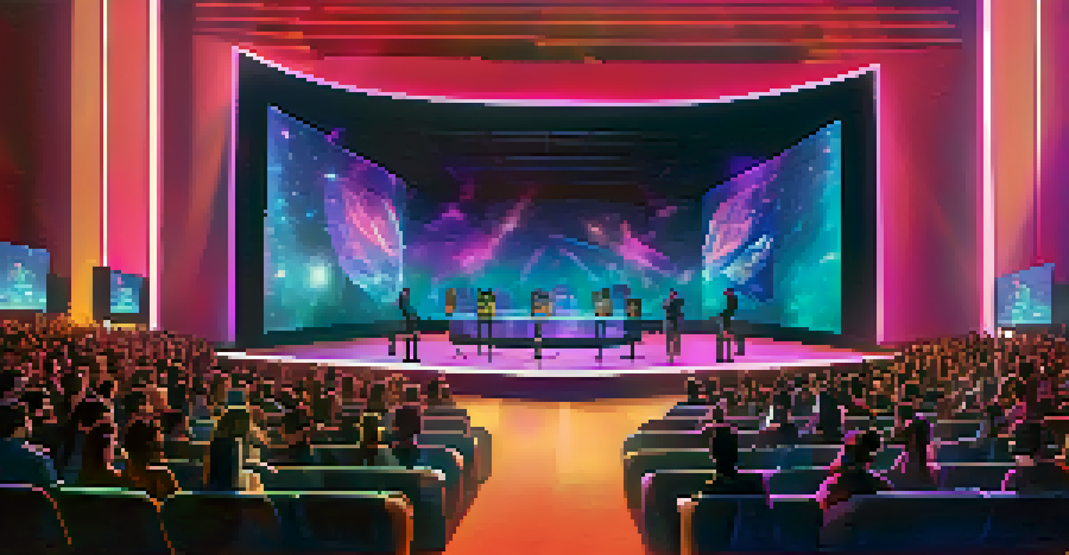 A virtual event with attendees in VR headsets participating in a live NFT auction in a futuristic auditorium.