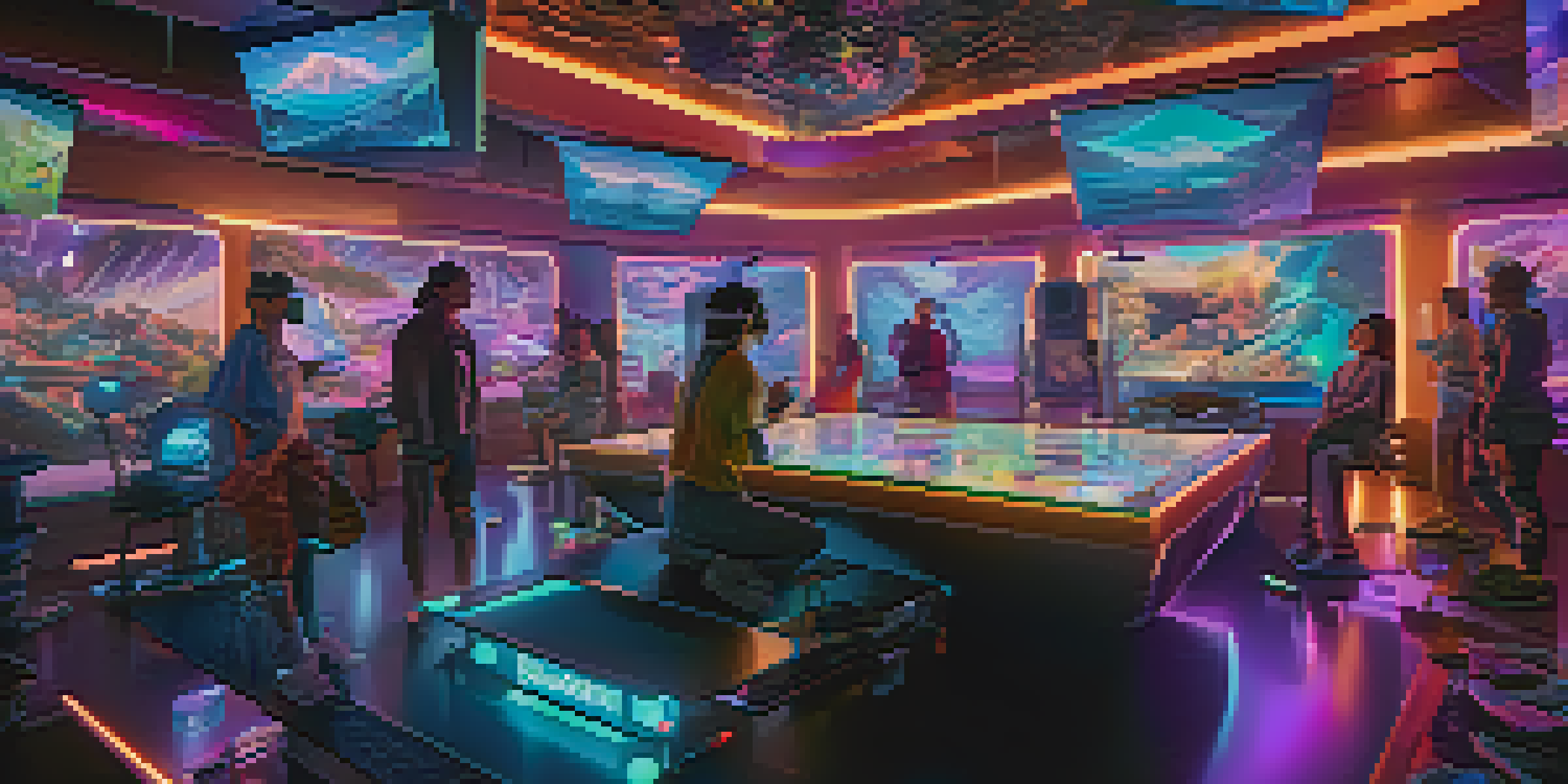 A group of players in a futuristic gaming environment, interacting with holographic interfaces and showcasing colorful NFT collectibles.
