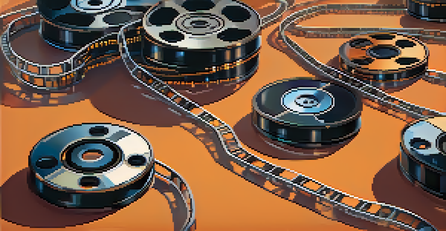 A blockchain chain made of film reels and digital tokens, representing the connection between NFTs and film distribution against a warm, creative background.