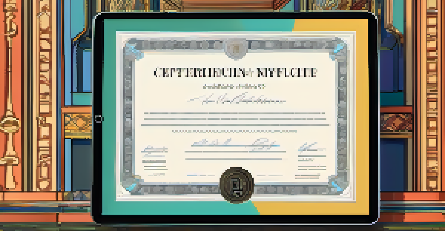 Close-up of a digital NFT certificate on a tablet, showcasing a historical artwork and blockchain designs.
