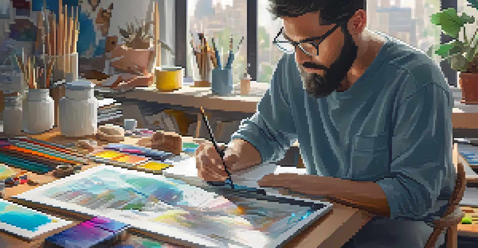 An artist creating digital art for NFTs on a tablet, surrounded by sketches and colorful art supplies in a sunlit workspace.