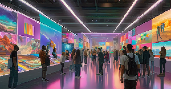 A colorful digital art marketplace with artists showcasing their NFTs and users interacting with holographic displays.