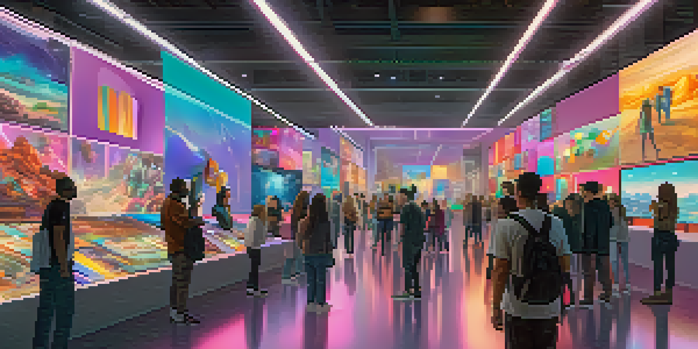 A colorful digital art marketplace with artists showcasing their NFTs and users interacting with holographic displays.
