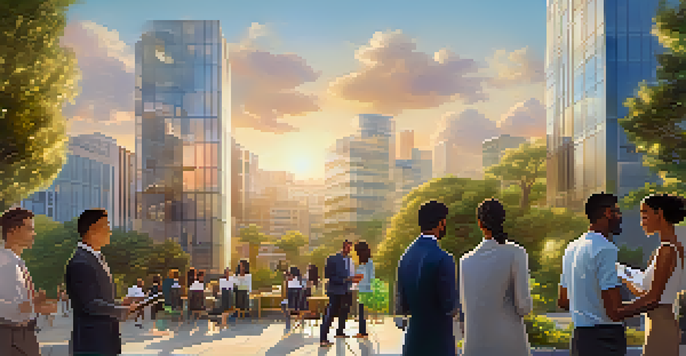 A modern urban building surrounded by greenery with people discussing tokenization concepts using digital tablets.