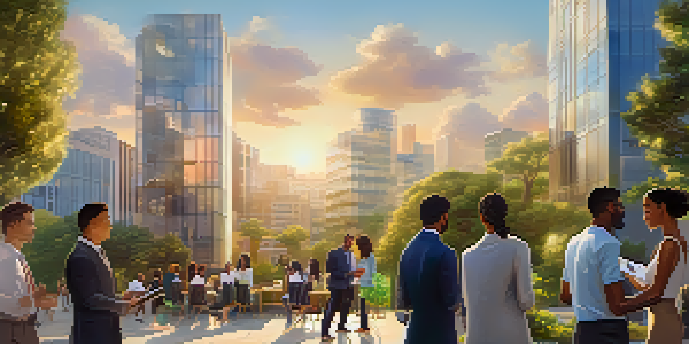 A modern urban building surrounded by greenery with people discussing tokenization concepts using digital tablets.