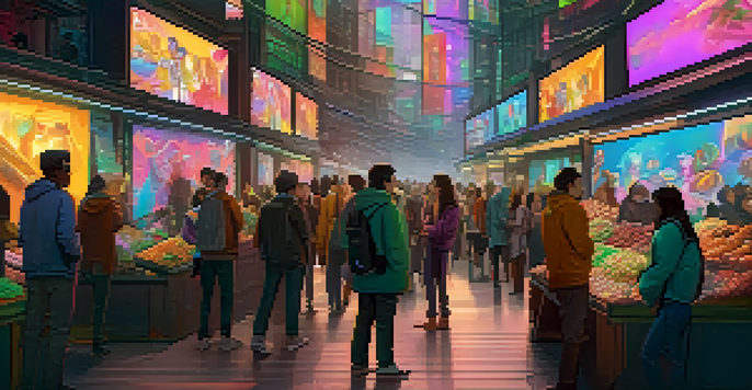A lively digital art marketplace filled with people engaging with colorful NFTs on screens.