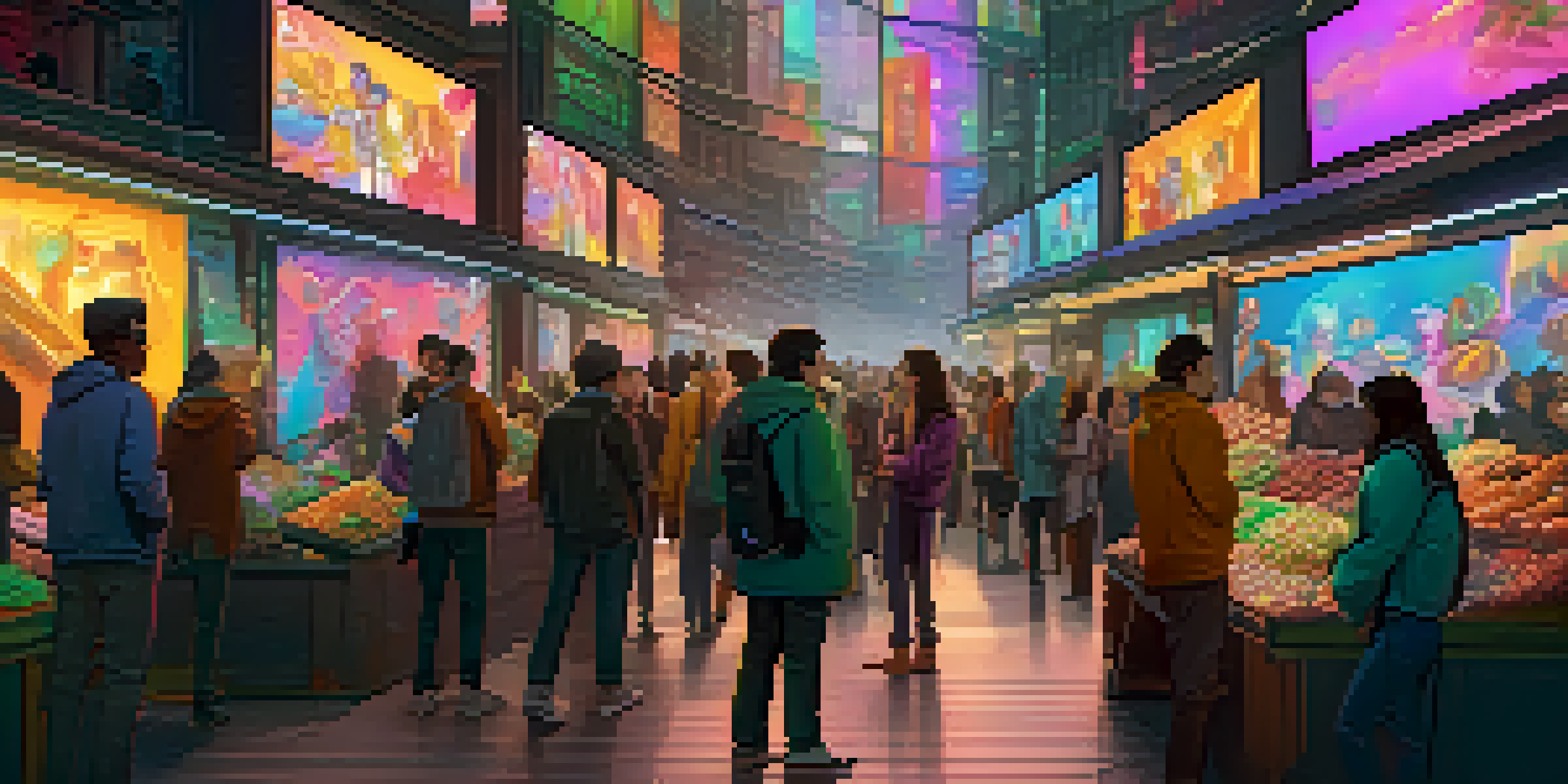 A lively digital art marketplace filled with people engaging with colorful NFTs on screens.
