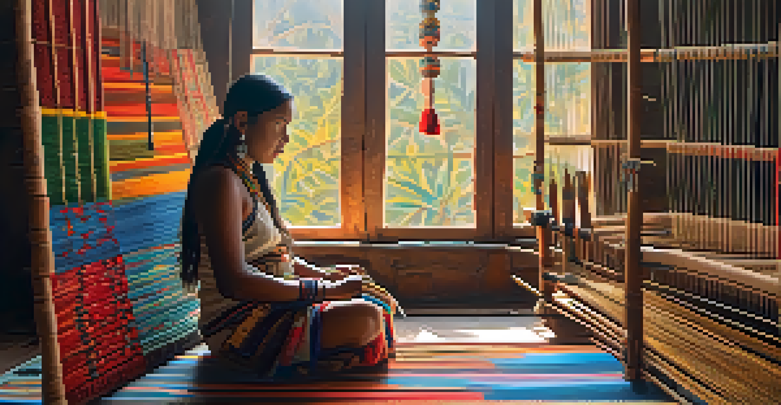 An indigenous artist weaving intricate patterns at a loom, surrounded by traditional artifacts and vibrant textiles.