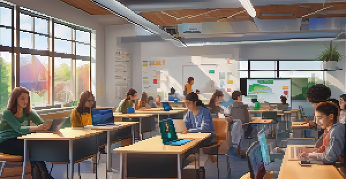 A modern classroom with students using laptops to view NFT diplomas, illuminated by soft natural light.