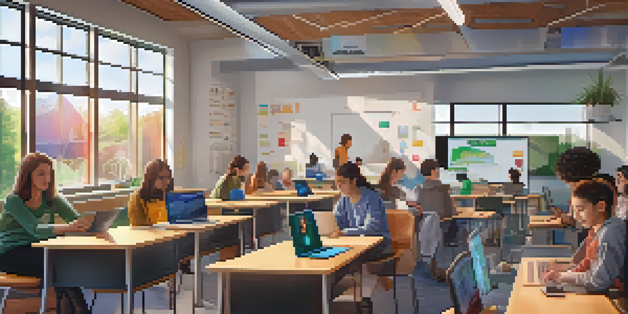 A modern classroom with students using laptops to view NFT diplomas, illuminated by soft natural light.