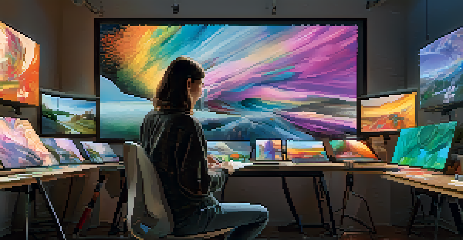 A digital artist in a modern studio, working on NFT art with vibrant colors on screens and natural light streaming in, surrounded by sketches and mood boards.