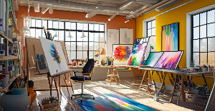 A bright art studio with an artist painting an abstract piece, surrounded by colorful artworks and art supplies.