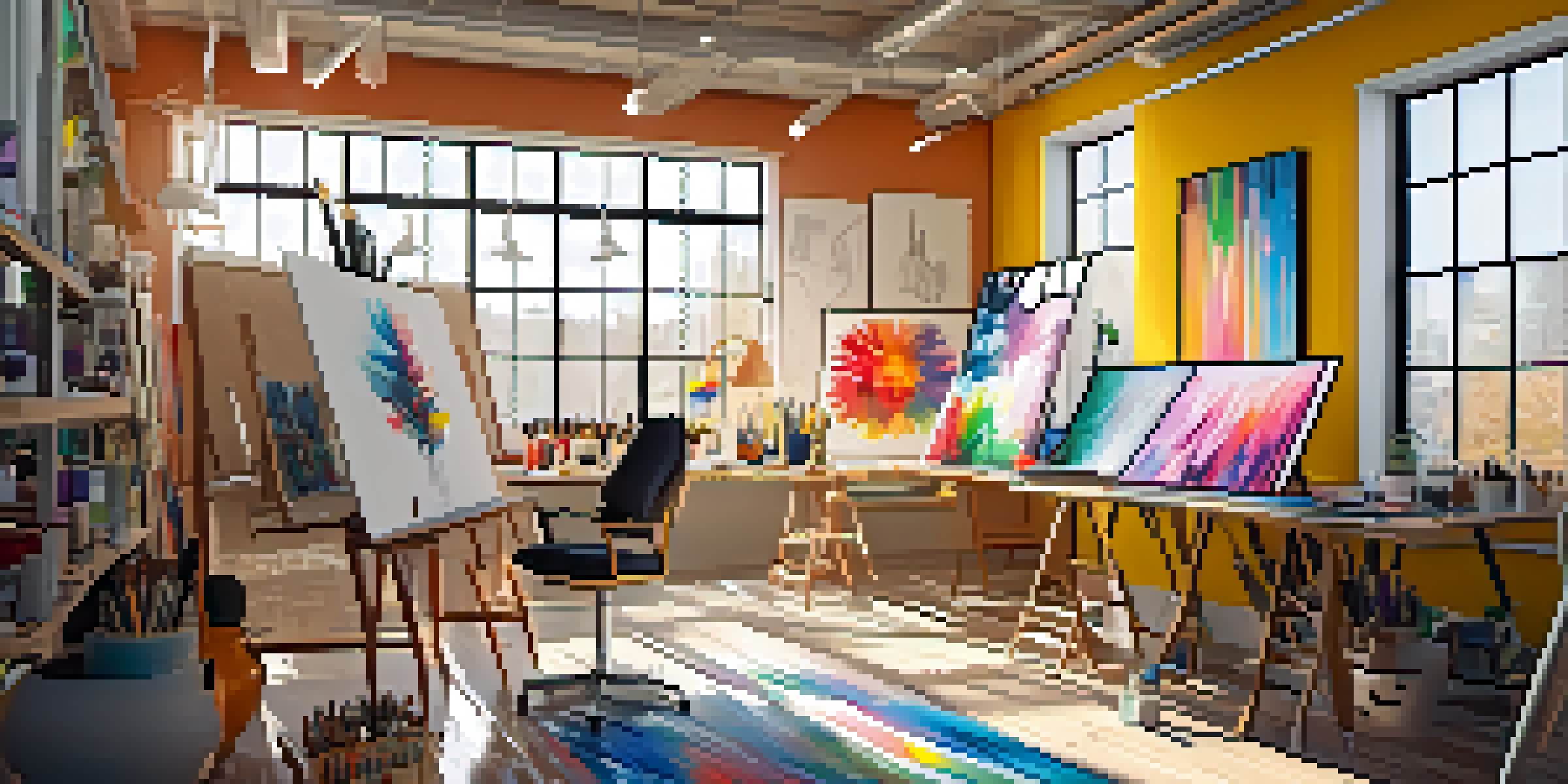 A bright art studio with an artist painting an abstract piece, surrounded by colorful artworks and art supplies.