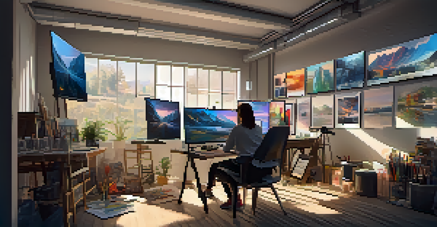 An artist in a warm studio creating digital art for NFTs, surrounded by canvases and screens.