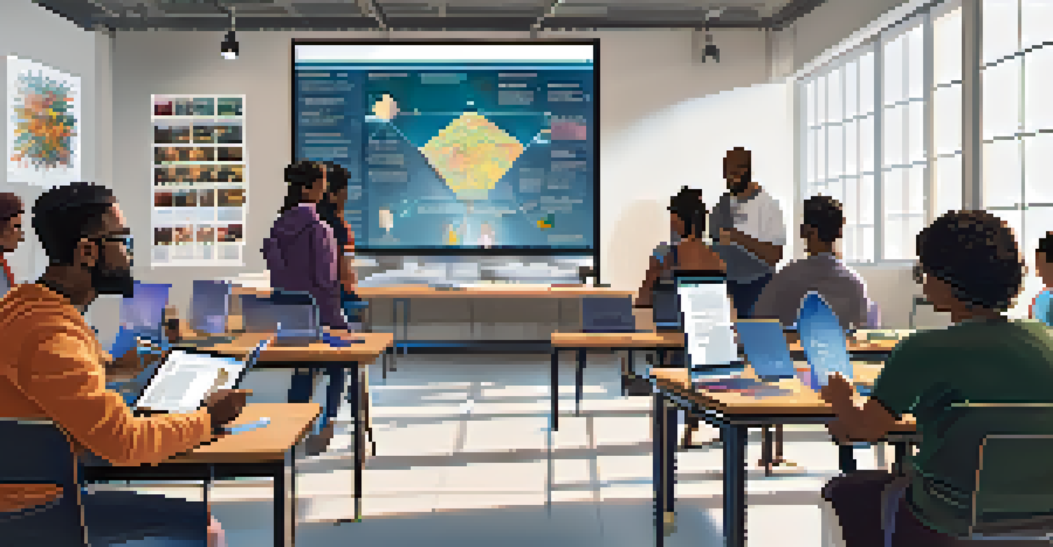 A community workshop with diverse artists learning about NFTs, with a presenter explaining concepts on a screen and participants engaged at tables.