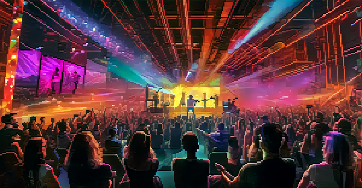 A lively virtual reality concert with colorful lights and users enjoying the performance through VR headsets.