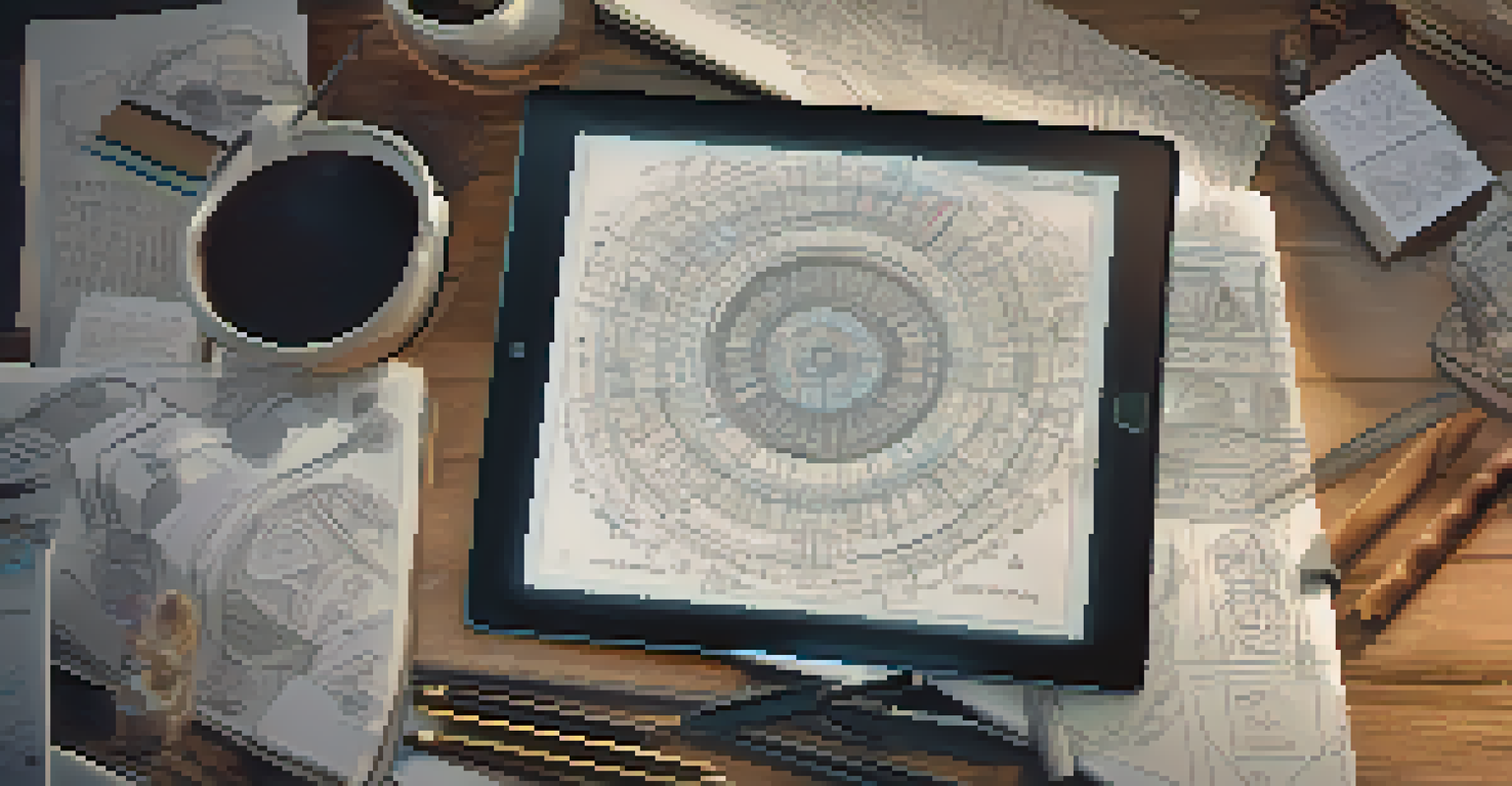 A close-up view of a digital tablet with a unique NFT art piece displayed, surrounded by sketches and notes, in a cozy lighting setting.