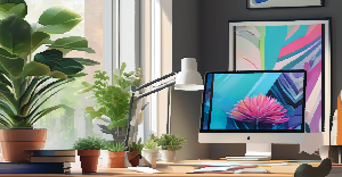 A modern workspace with a computer screen displaying vibrant digital artwork, natural light, and a potted plant in the background.