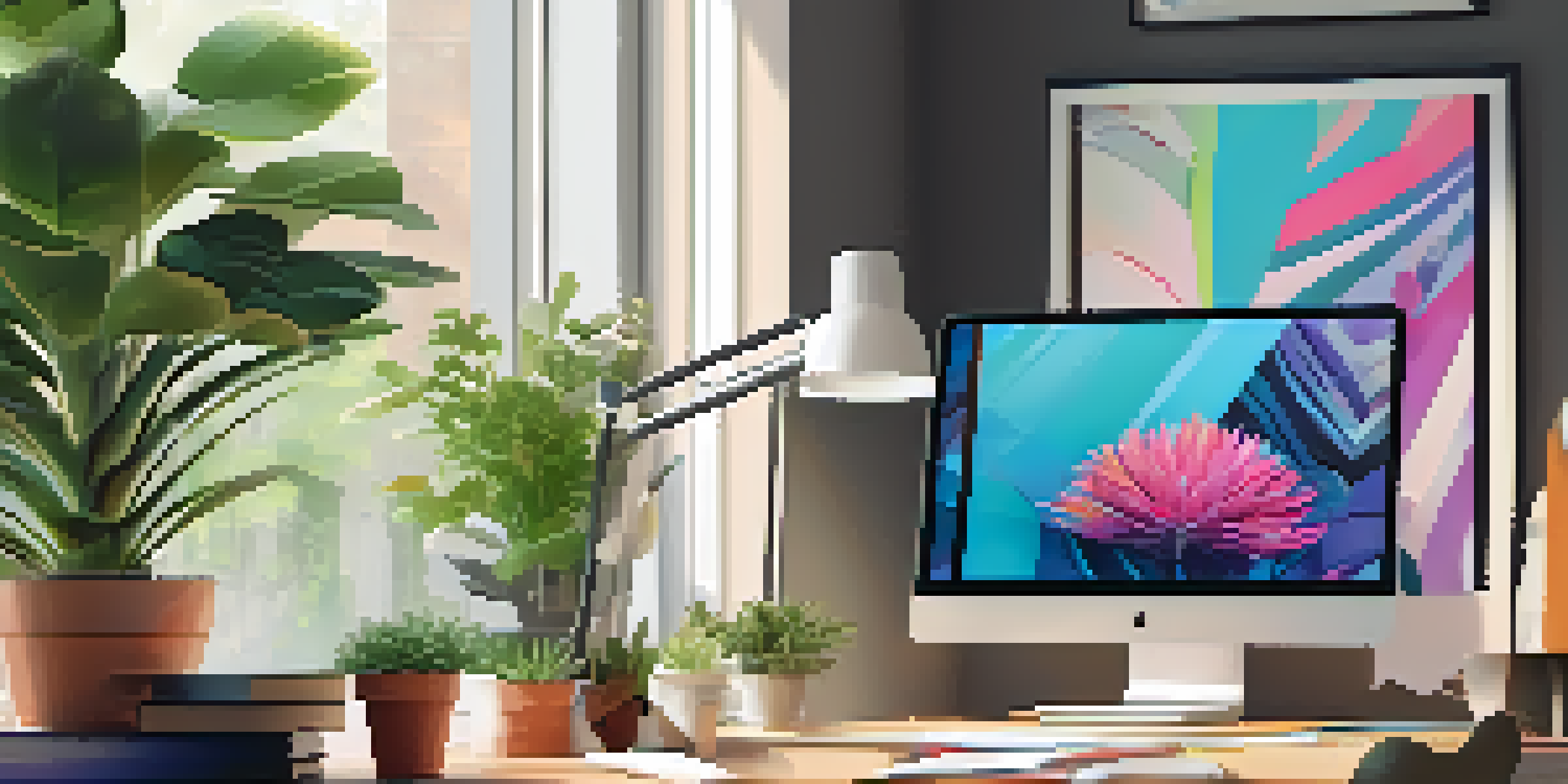 A modern workspace with a computer screen displaying vibrant digital artwork, natural light, and a potted plant in the background.
