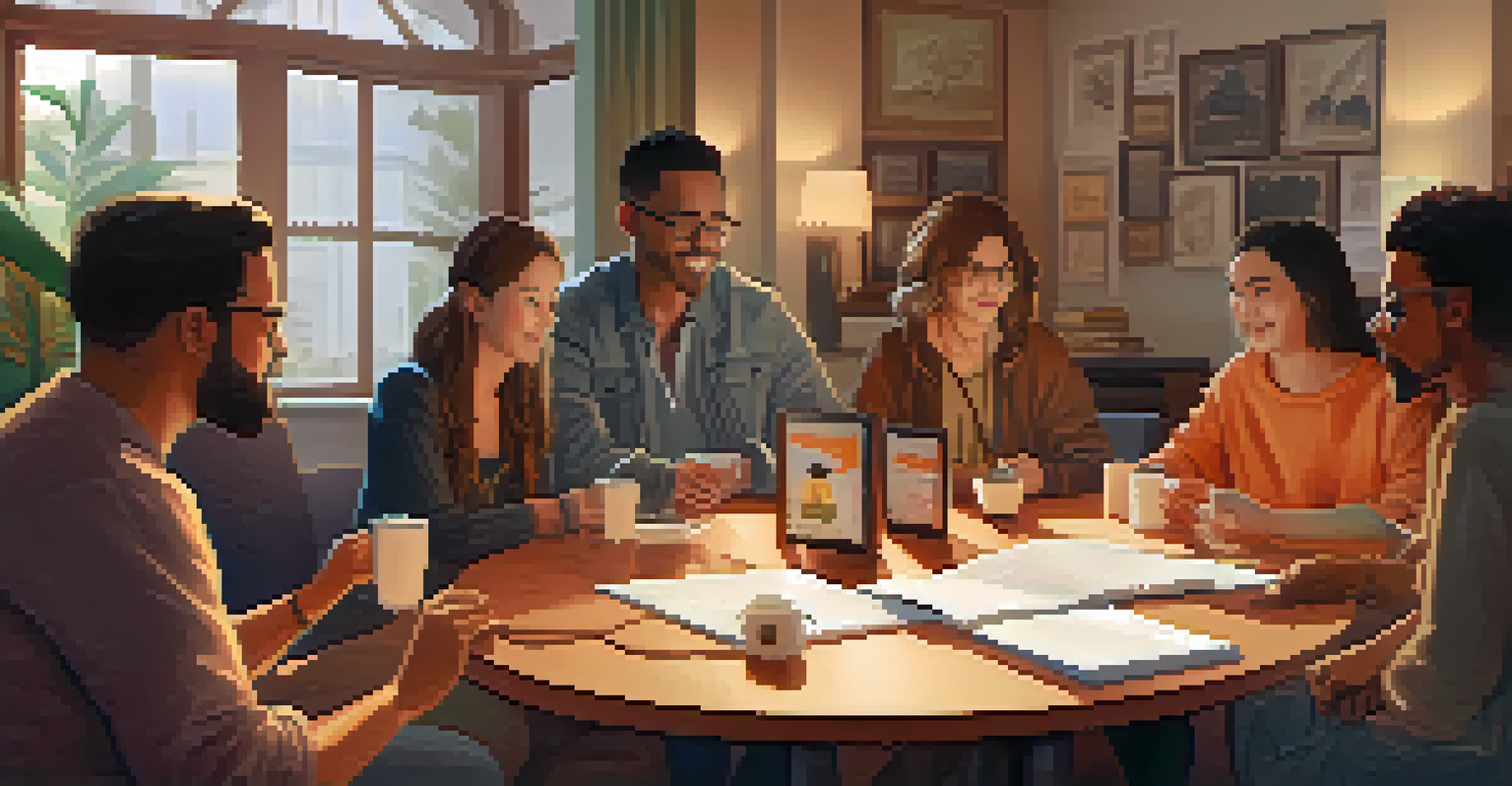 A group of NFT creators and users discussing ideas around a round table in a warm, inviting room.