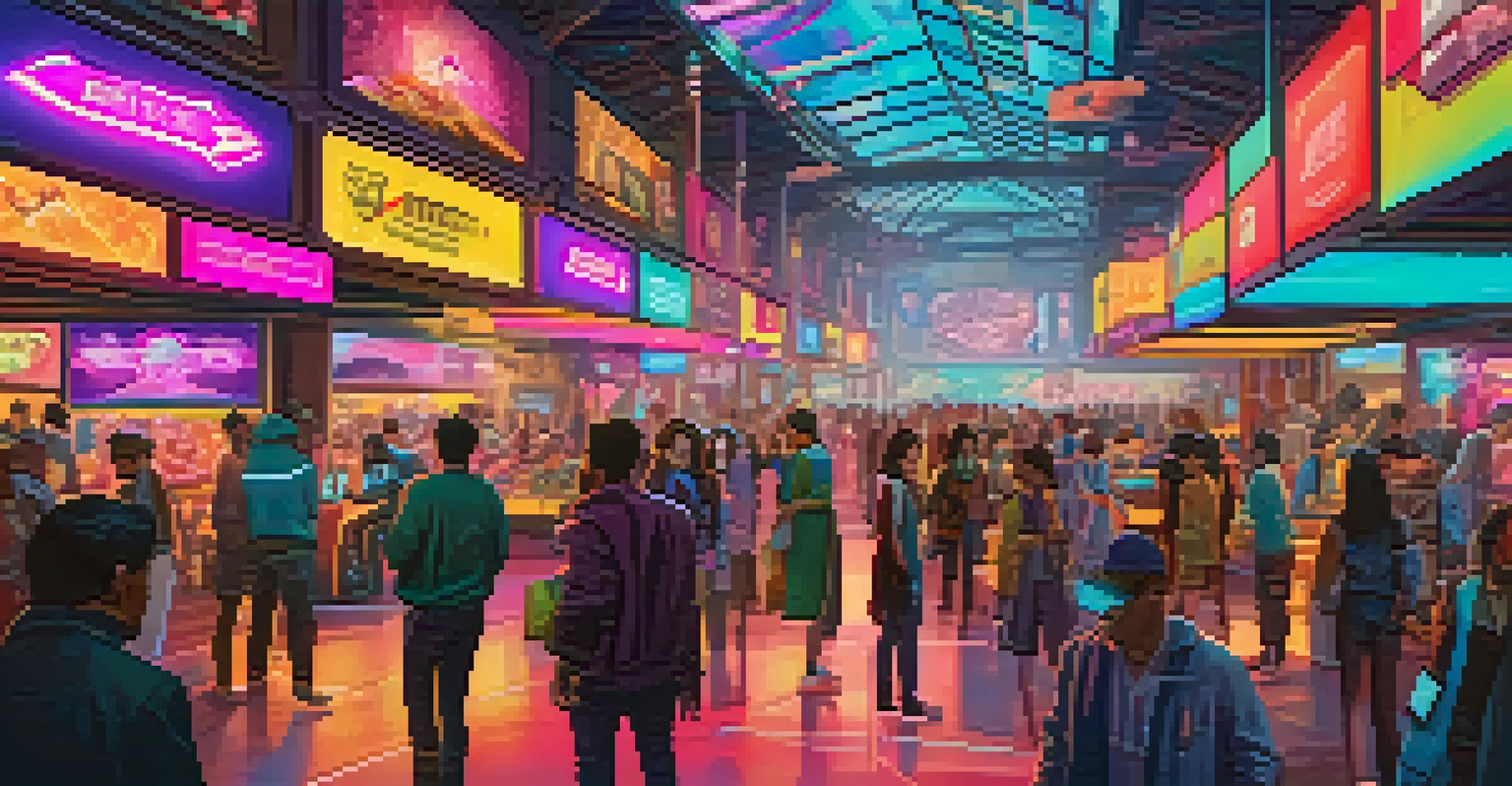 A vibrant futuristic NFT marketplace filled with digital avatars and colorful stalls showcasing digital artworks and collectibles.