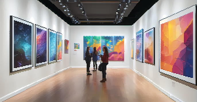 A digital art gallery with various NFTs displayed, illuminated by warm lighting, with visitors using mobile devices.