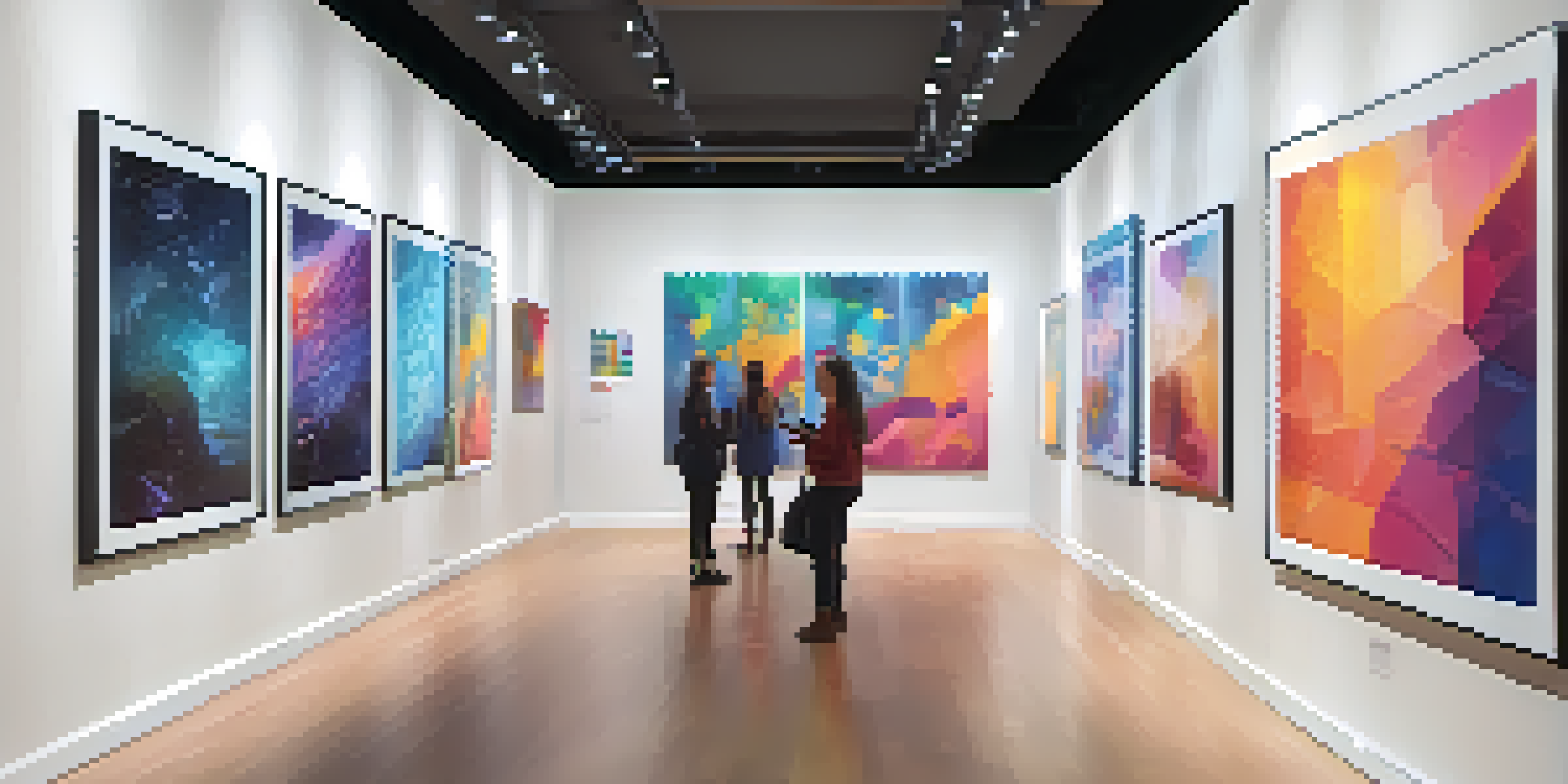 A digital art gallery with various NFTs displayed, illuminated by warm lighting, with visitors using mobile devices.