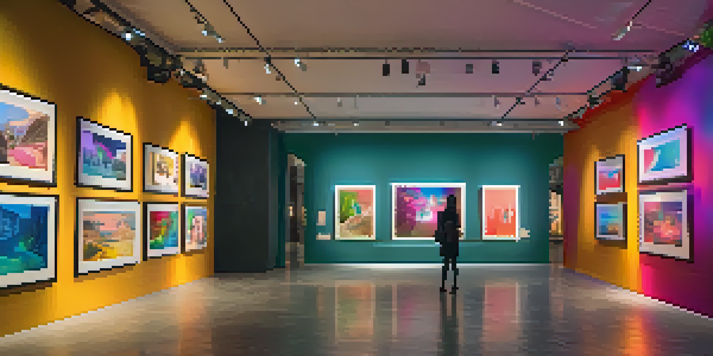 A digital art gallery filled with unique NFTs on modern screens, illuminated by soft lighting.