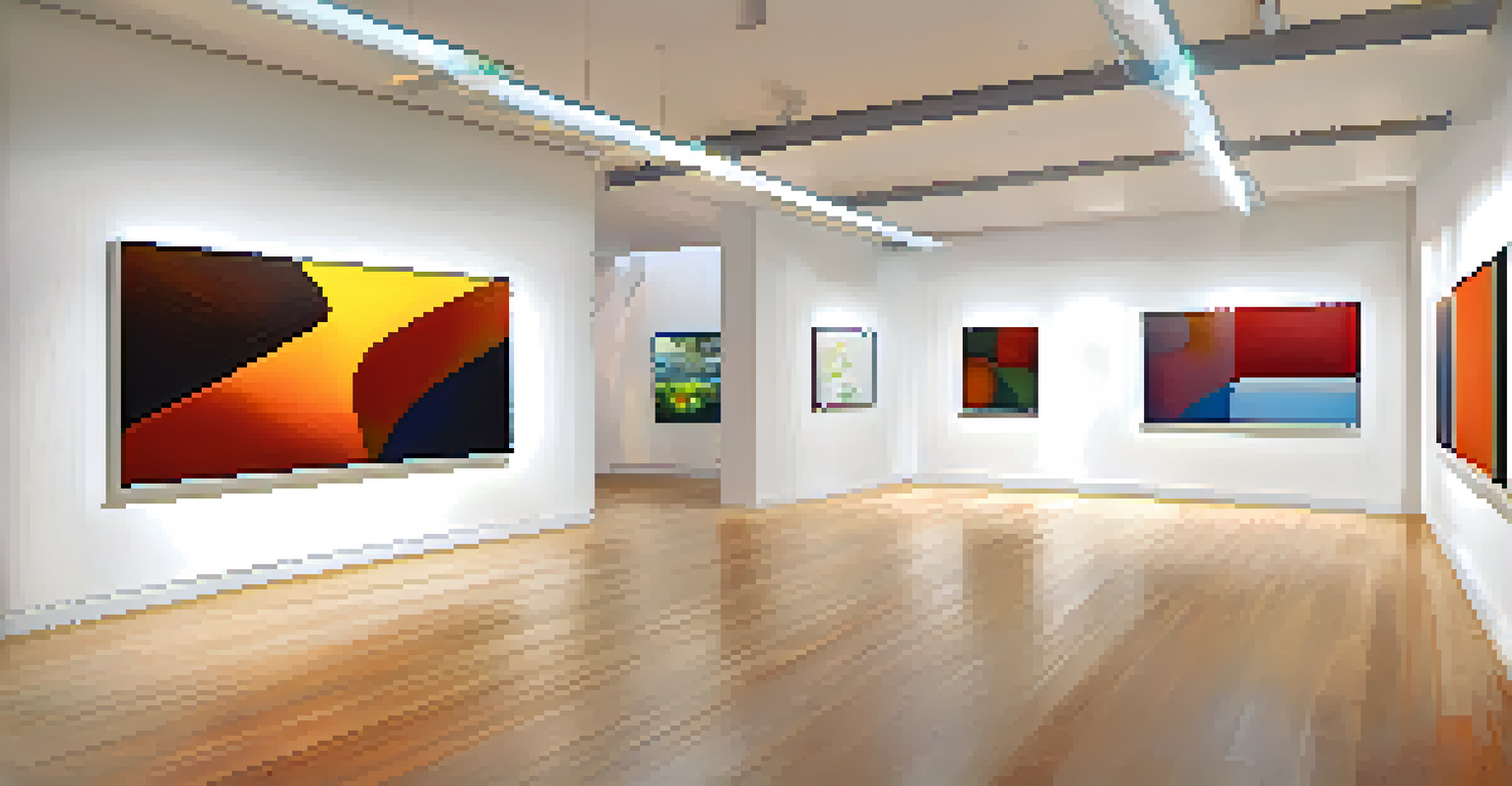 A modern art gallery filled with colorful abstract paintings under soft lighting.