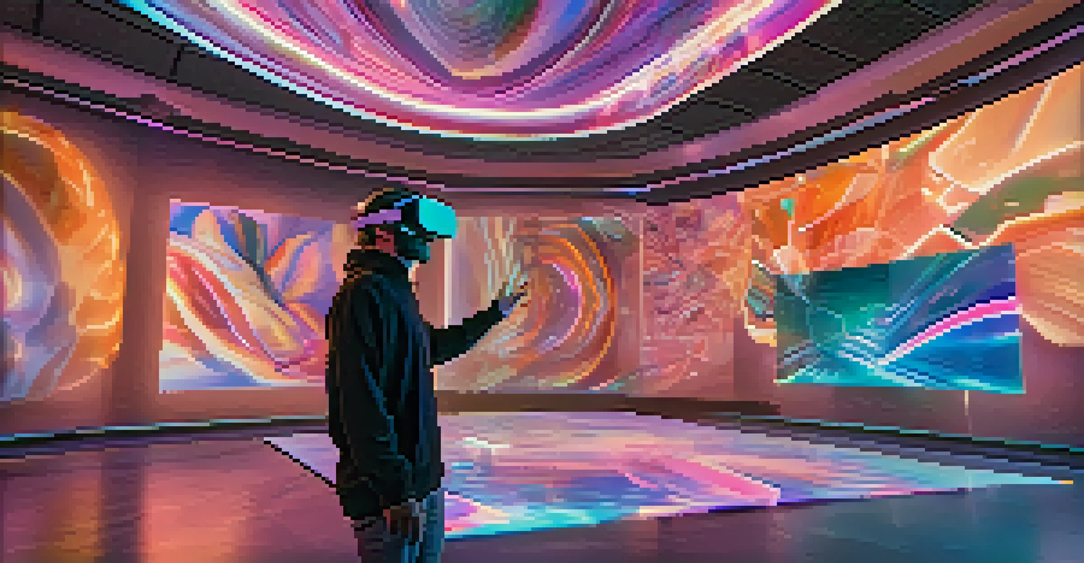 A collector wearing VR goggles interacting with floating 3D NFTs in a virtual gallery.