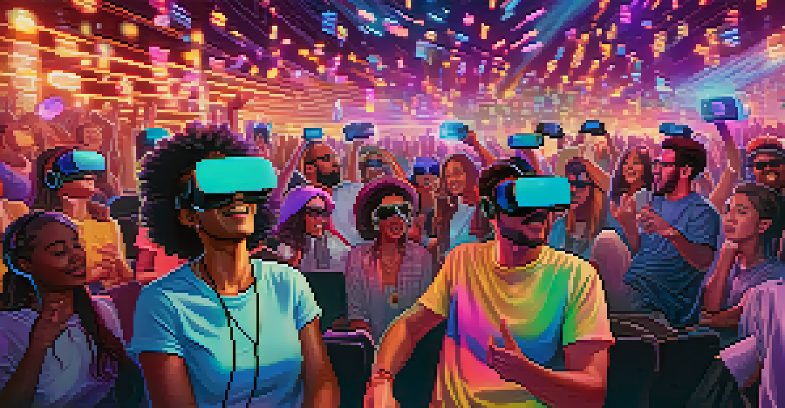 Fans enjoying a virtual reality concert featuring NFTs, with colorful lights and musicians in holograms.
