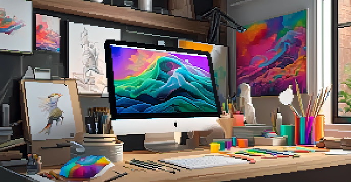 A digital art studio featuring colorful canvases and a digital tablet displaying NFT art, illuminated by warm lighting.